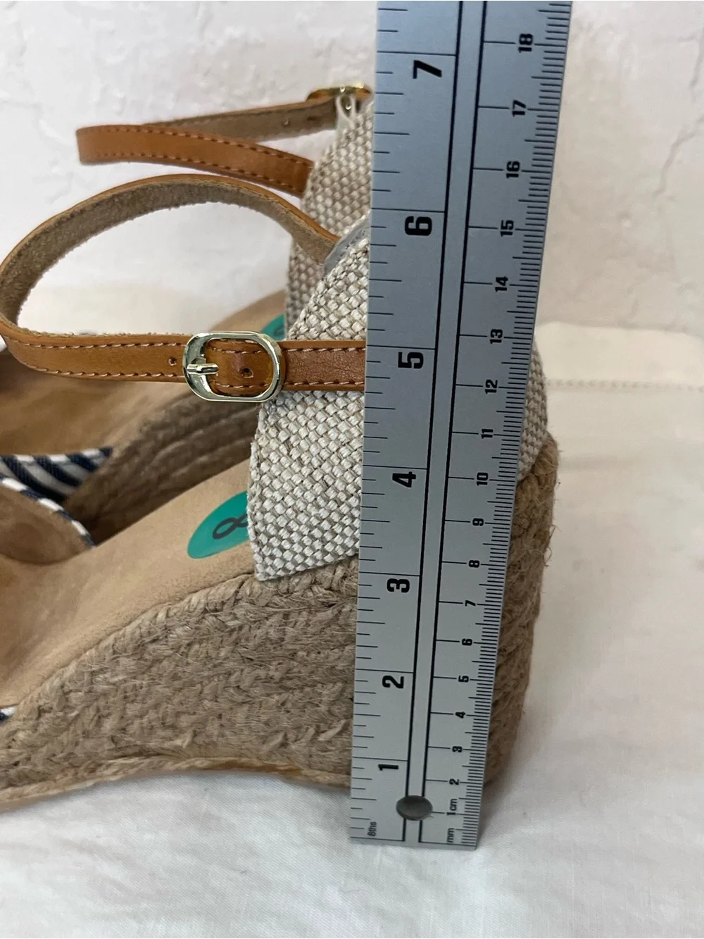 White Mountain Mamba Striped Navy Espadrille Wedge Sandals with Tan Ankle Strap